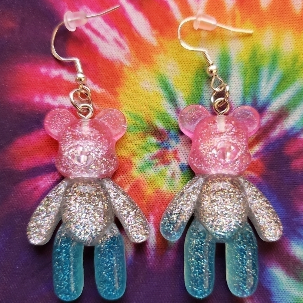 Handmade Lightweight Ombre Glitter Pink Blue Silver Large Gummy Bear Earrings